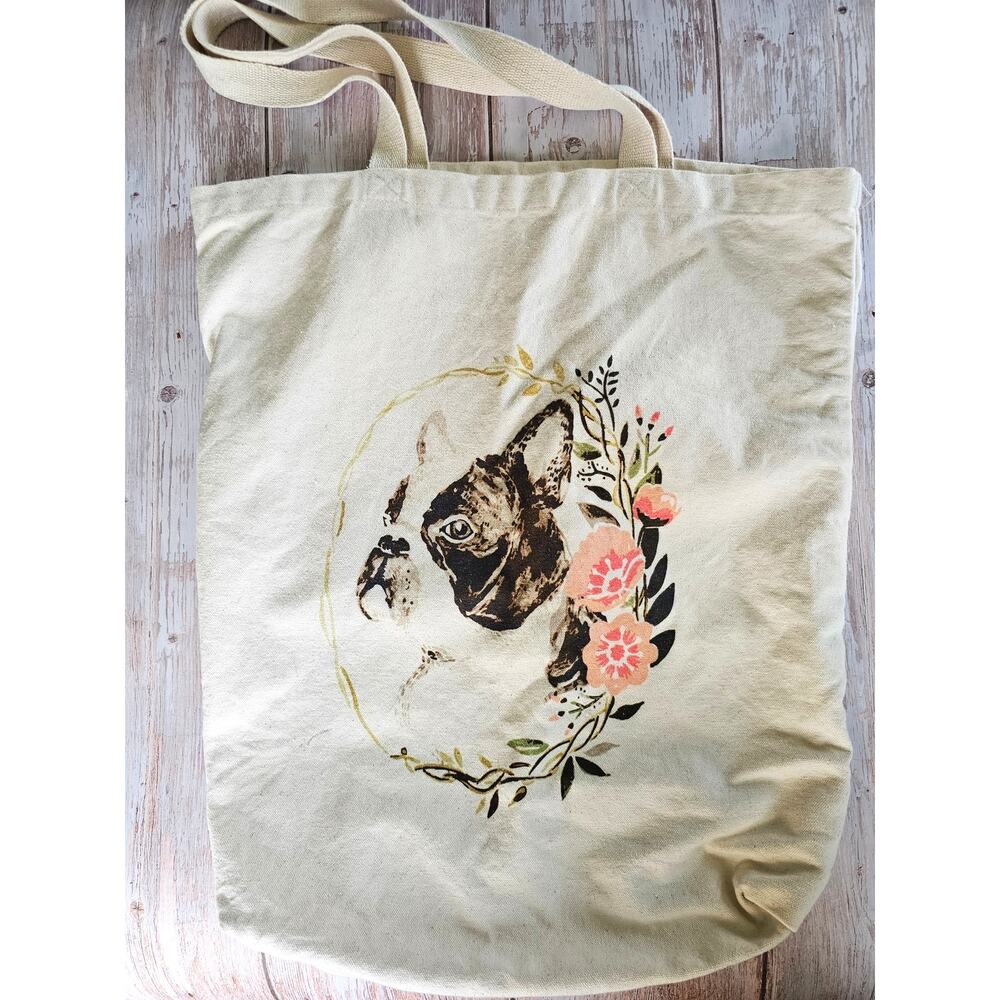 Large Boston Terrier Floral Canvas Tote Dog Lover Shoulder Bag